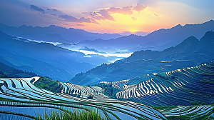 唯美风景乡村自然梯田田园稻田景色