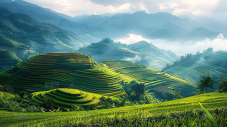 风光自然唯美梯田乡村田园稻田景色风景