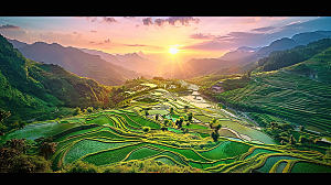 田园乡村景色风景稻田唯美风光梯田自然