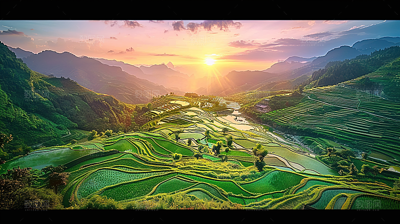 田园乡村景色风景稻田唯美风光梯田自然