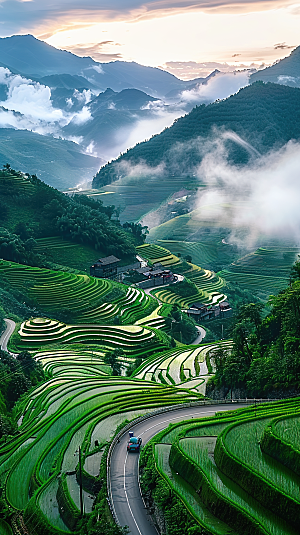 风景梯田唯美自然景色风光乡村稻田田园