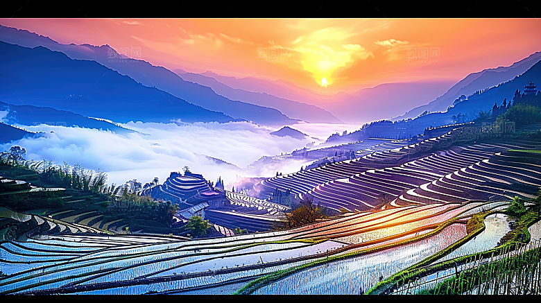 风景梯田唯美自然景色风光乡村稻田田园
