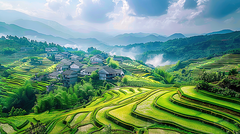 梯田唯美风景自然景色稻田田园风光乡村