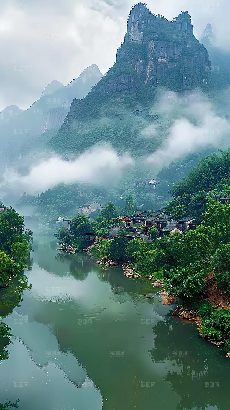 意境青山山峰唯美山水绿水风景