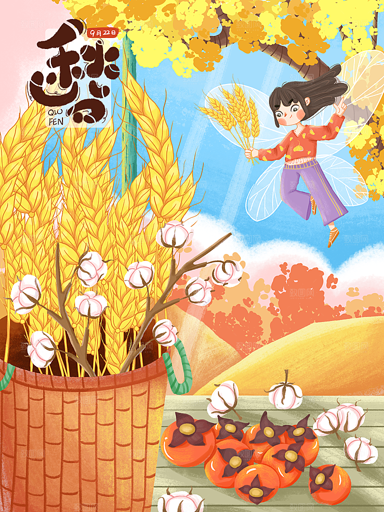 中国传统二十四节气秋分节气海报插画