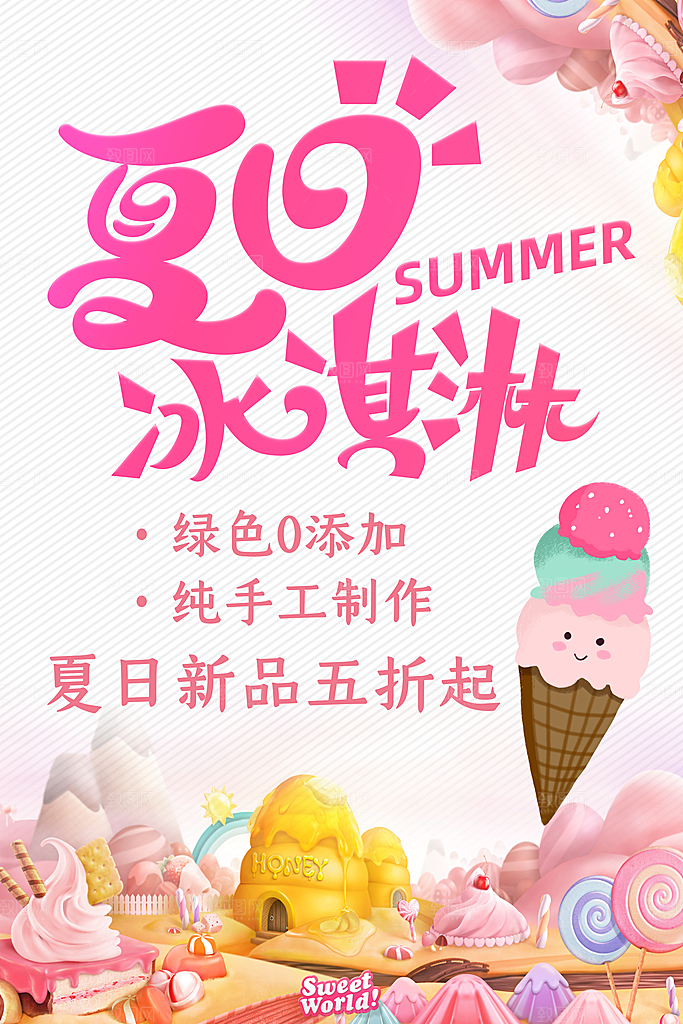 夏季冰淇淋雪糕甜筒冷饮美食宣传海报展板
