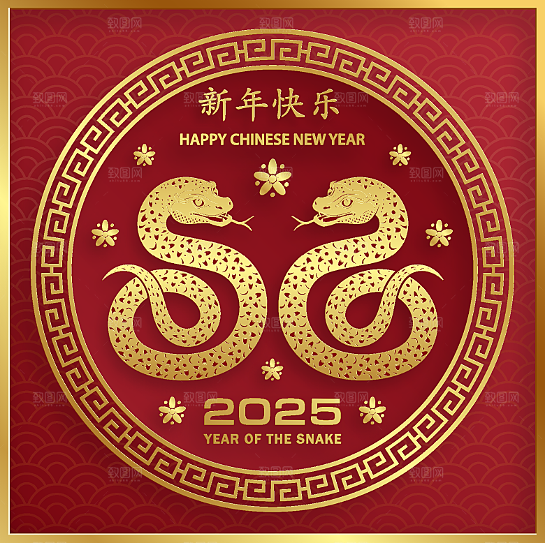 蛇年2025年新年春节红色中式蛇纹元素图