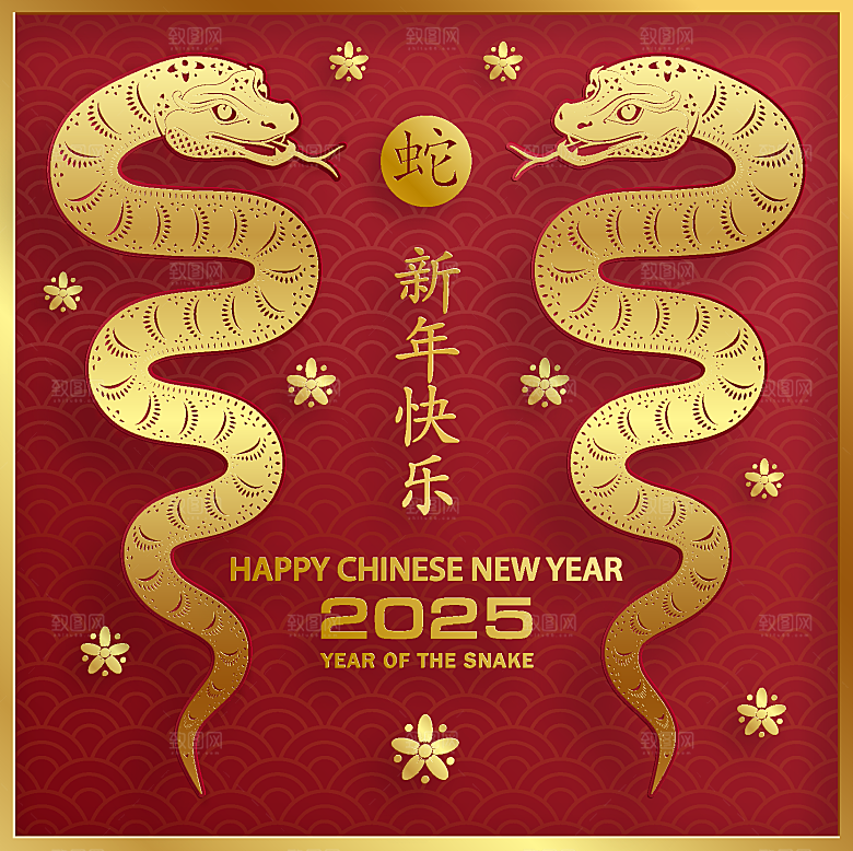 蛇年2025年新年春节红色中式蛇纹元素图