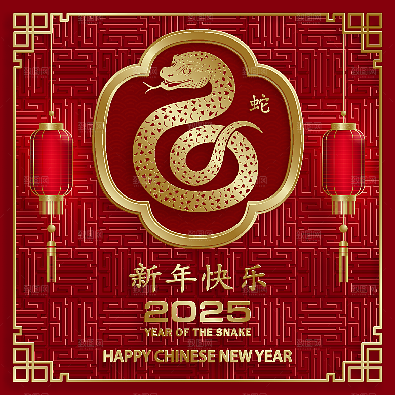 蛇年2025年新年春节红色中式蛇纹元素图