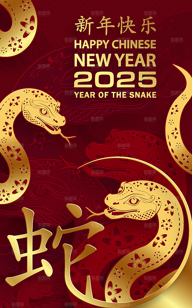 蛇年2025年新年春节红色中式蛇纹元素图