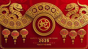 蛇年2025年新年春节红色中式蛇纹元素图