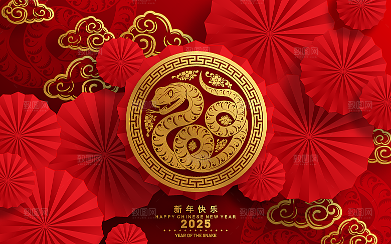 蛇年2025年新年春节红色中式蛇纹元素图