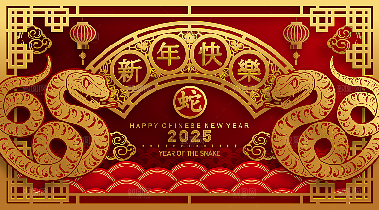 蛇年2025年新年春节红色中式蛇纹元素图