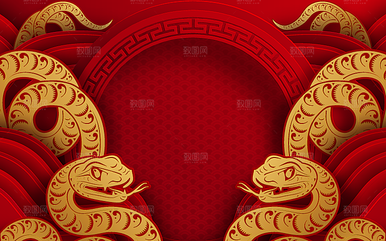 蛇年2025年新年春节红色中式蛇纹元素图