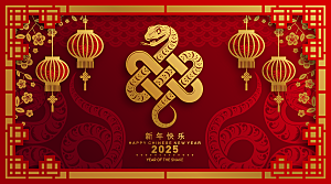 蛇年2025年新年春节红色中式蛇纹元素图