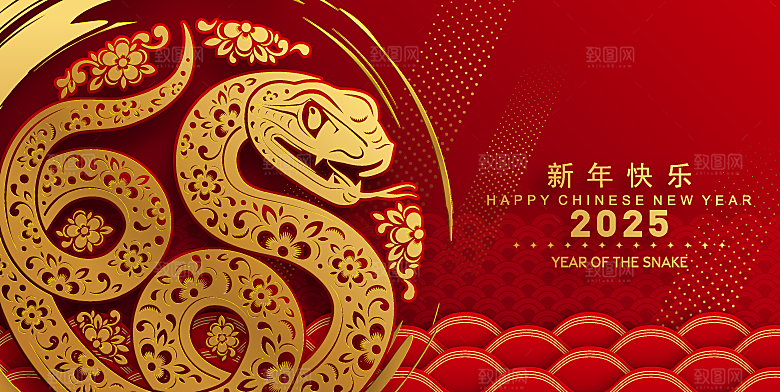 蛇年2025年新年春节红色中式蛇纹元素图