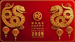 蛇年2025年新年春节红色中式蛇纹元素图