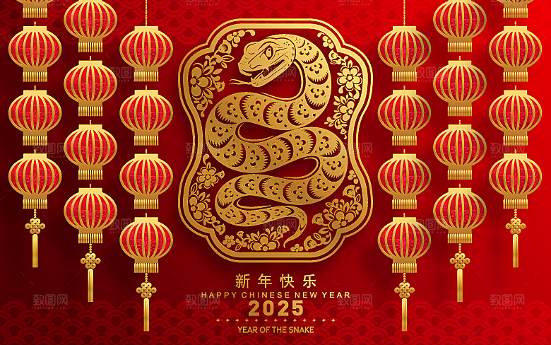 蛇年2025年新年春节红色中式蛇纹元素图