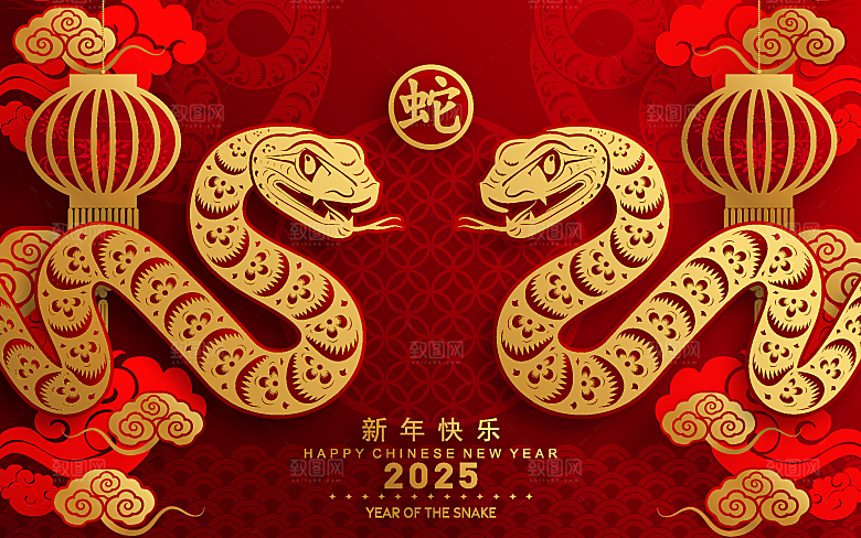 蛇年2025年新年春节红色中式蛇纹元素图