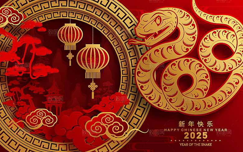 蛇年2025年新年春节红色中式蛇纹元素图