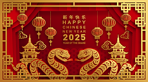 蛇年2025年新年春节红色中式蛇纹元素图