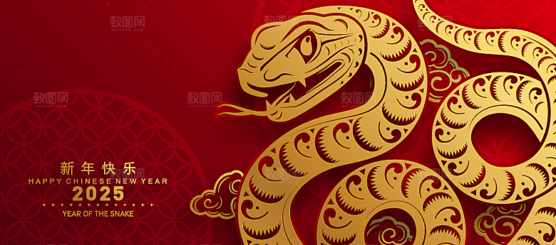 蛇年2025年新年春节红色中式蛇纹元素图