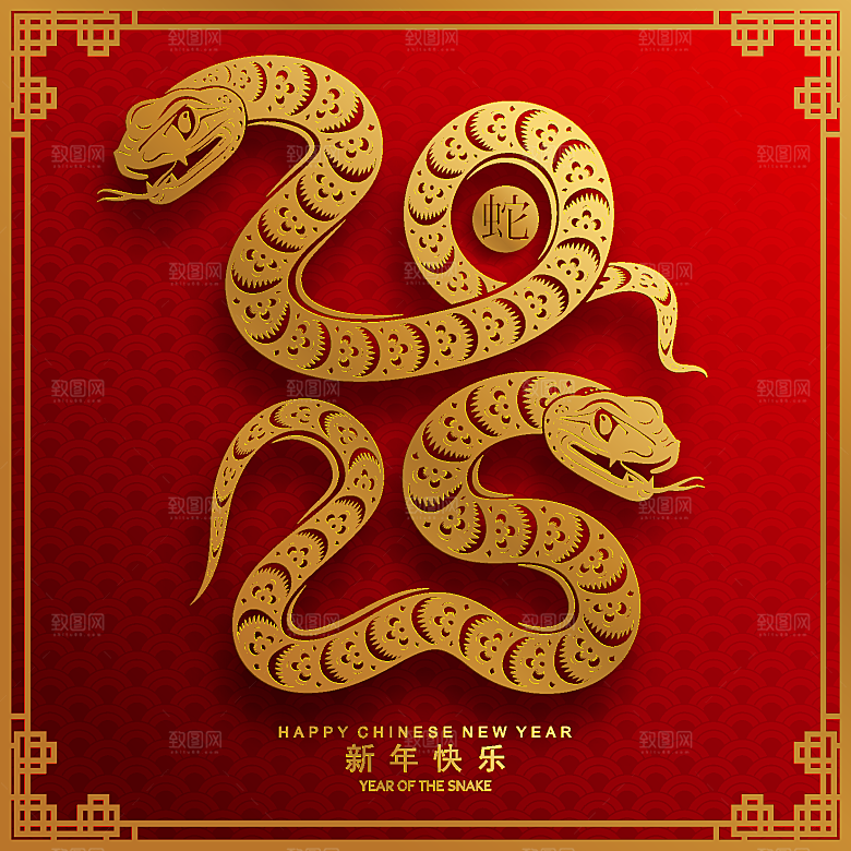 蛇年2025年新年春节红色中式蛇纹元素图