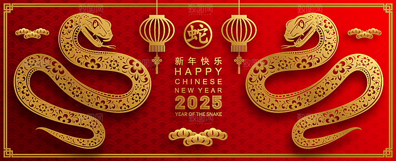蛇年2025年新年春节红色中式蛇纹元素图