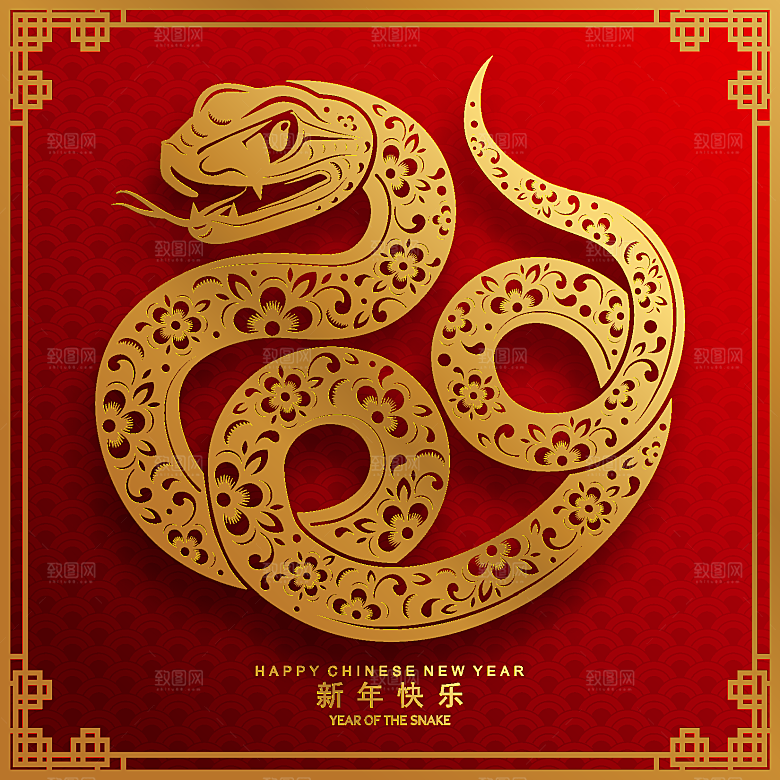 蛇年2025年新年春节红色中式蛇纹元素图