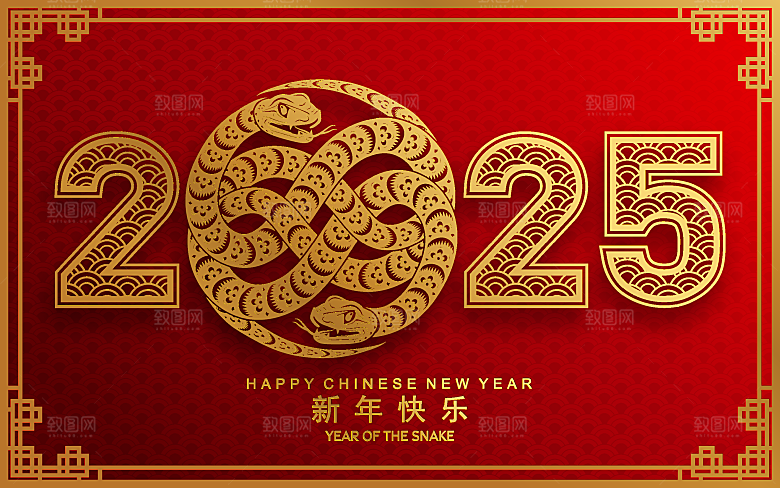 蛇年2025年新年春节红色中式蛇纹元素图
