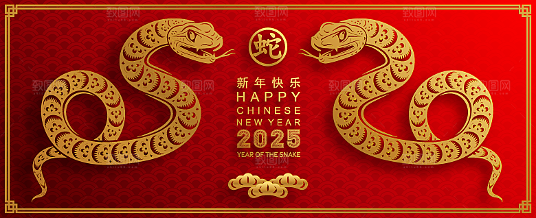 蛇年2025年新年春节红色中式蛇纹元素图