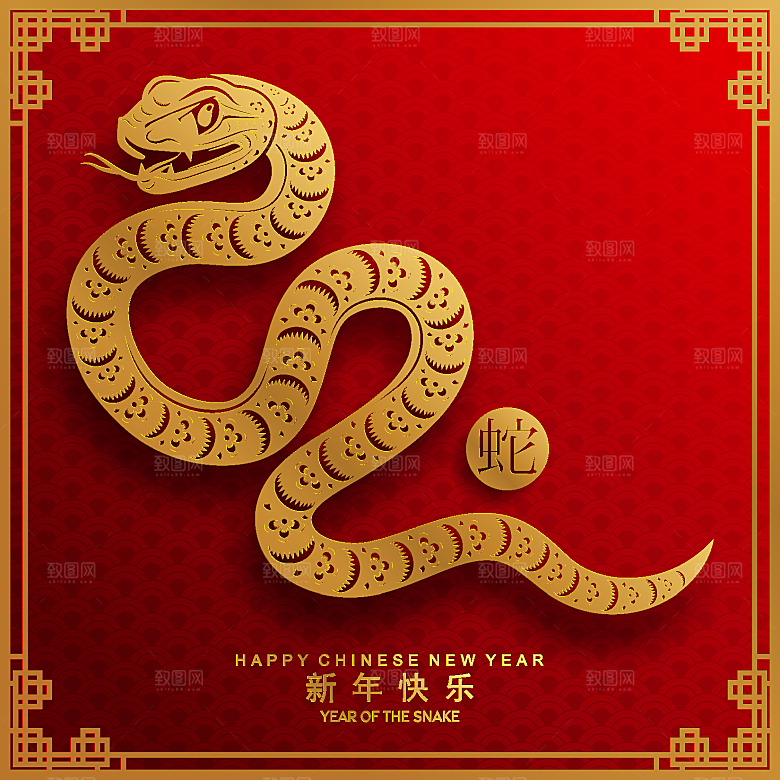 蛇年2025年新年春节红色中式蛇纹元素图