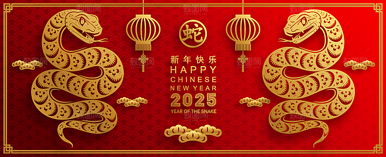蛇年2025年新年春节红色中式蛇纹元素图