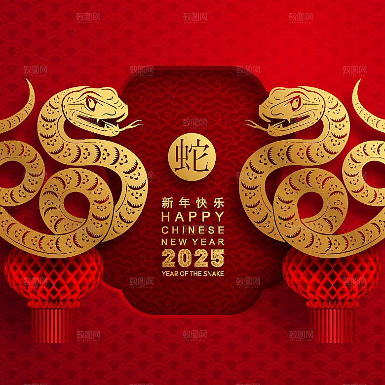 蛇年2025年新年春节红色中式蛇纹元素图