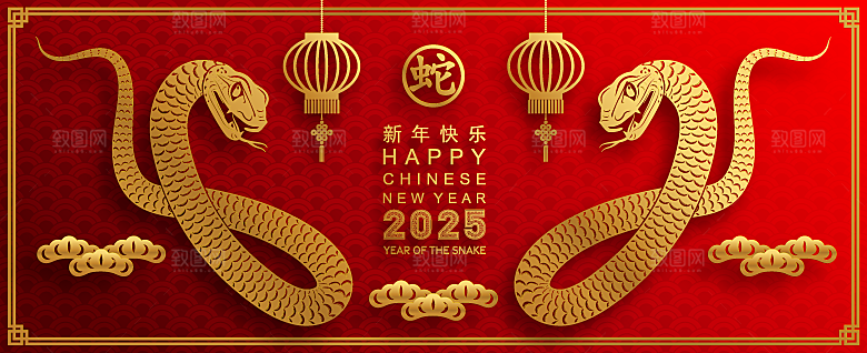 蛇年2025年新年春节红色中式蛇纹元素图