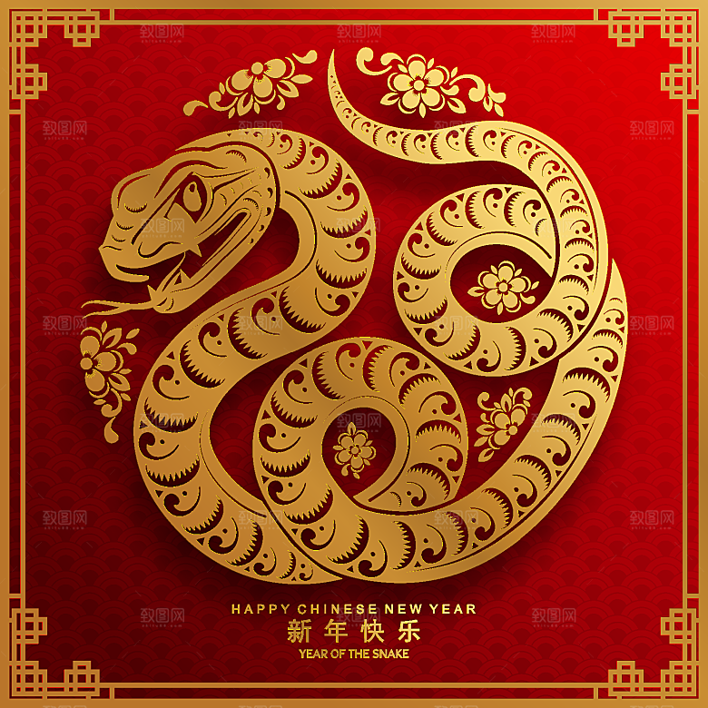 蛇年2025年新年春节红色中式蛇纹元素图