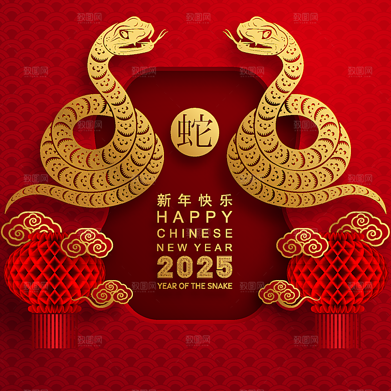 蛇年2025年新年春节红色中式蛇纹元素图