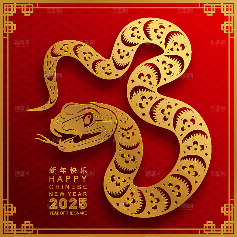 蛇年2025年新年春节红色中式蛇纹元素图