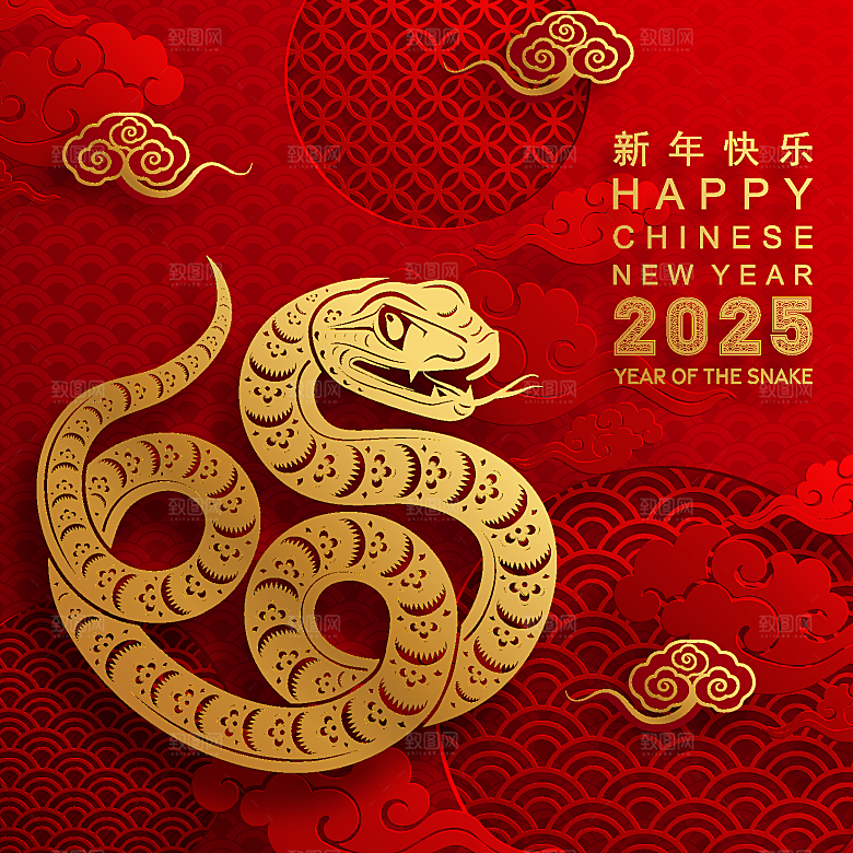 蛇年2025年新年春节红色中式蛇纹元素图