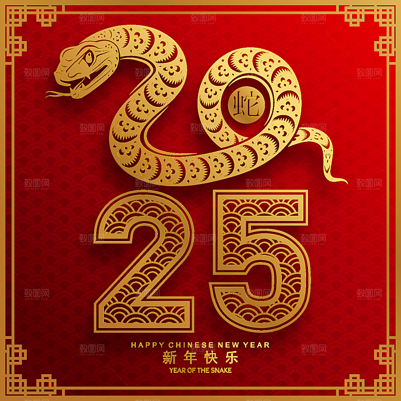 蛇年2025年新年春节红色中式蛇纹元素图