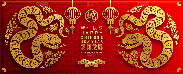 蛇年2025年新年春节红色中式蛇纹元素图