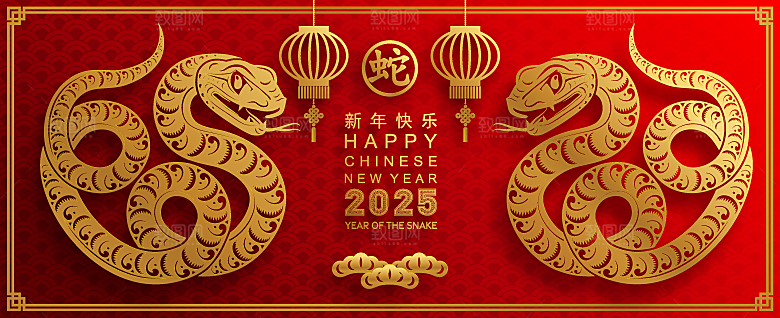 蛇年2025年新年春节红色中式蛇纹元素图