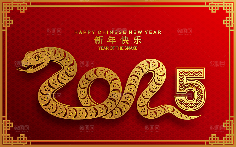 蛇年2025年新年春节红色中式蛇纹元素图