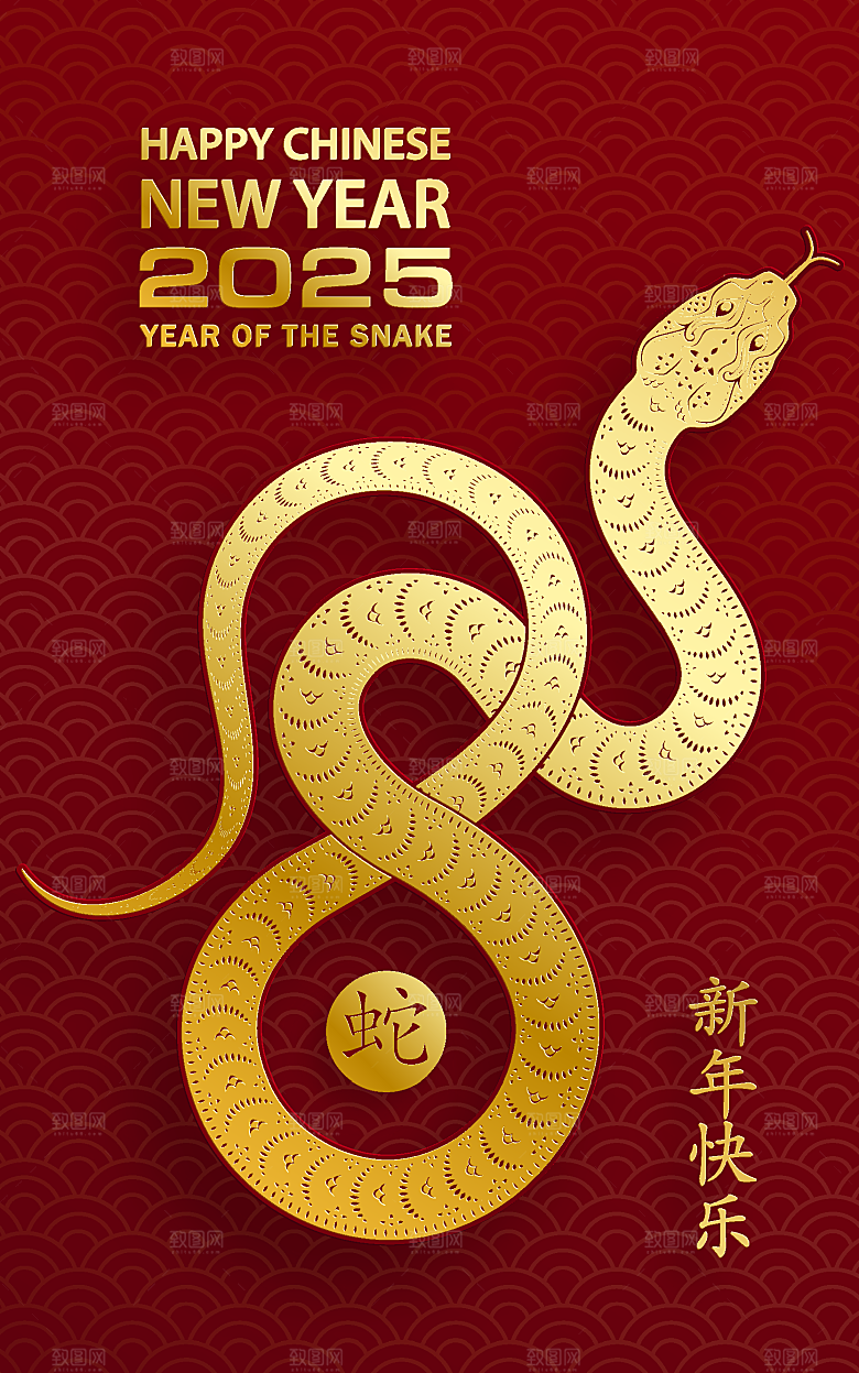 蛇年2025年新年春节红色中式蛇纹元素图