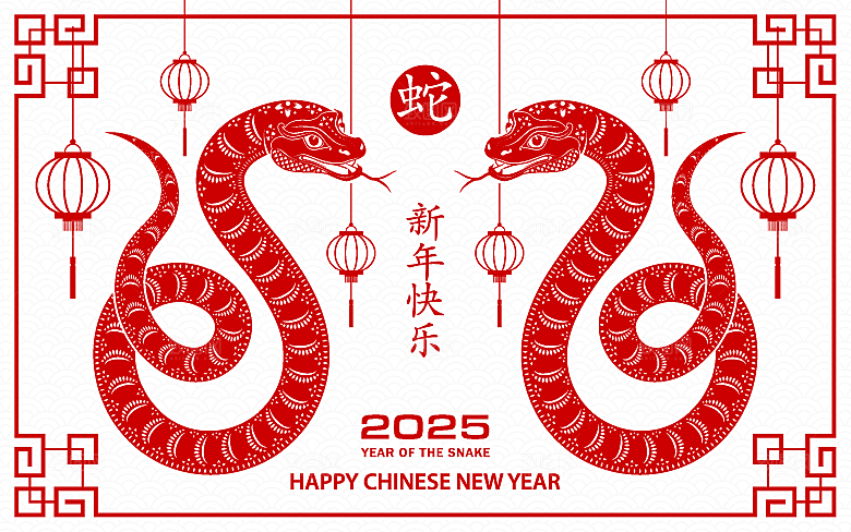 蛇年2025年新年春节红色中式蛇纹元素图