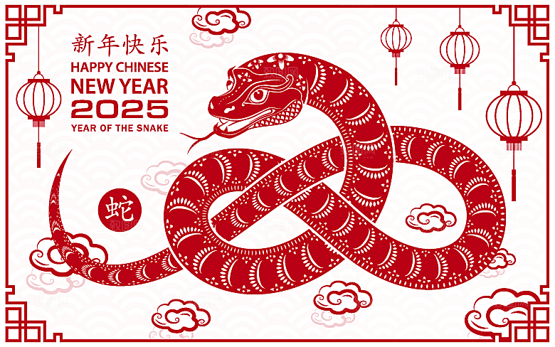 蛇年2025年新年春节红色中式蛇纹元素图
