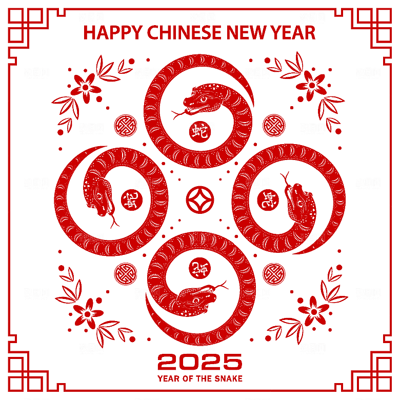 蛇年2025年新年春节红色中式蛇纹元素图