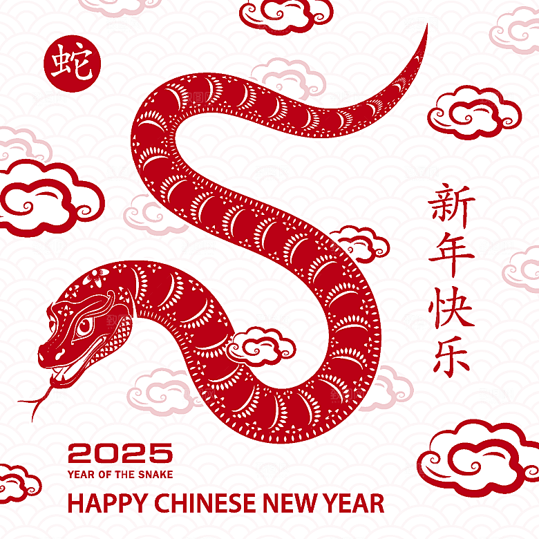 蛇年2025年新年春节红色中式蛇纹元素图