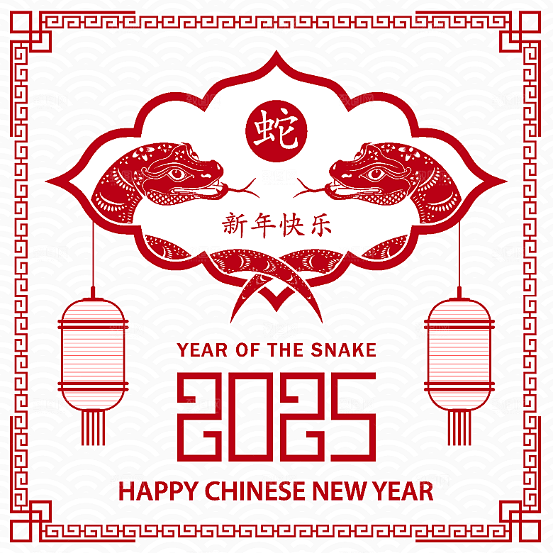 蛇年2025年新年春节红色中式蛇纹元素图