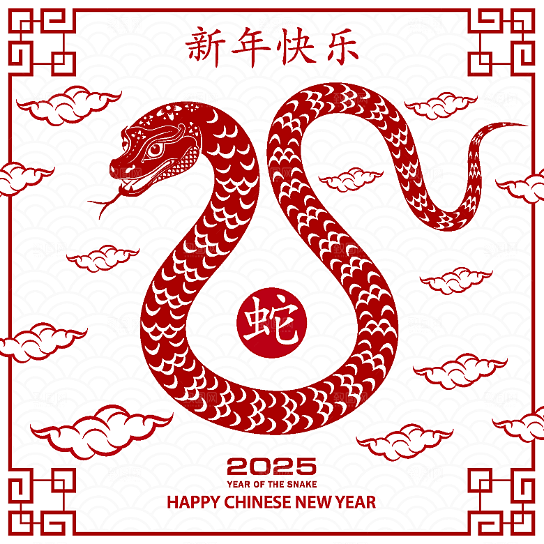 蛇年2025年新年春节红色中式蛇纹元素图